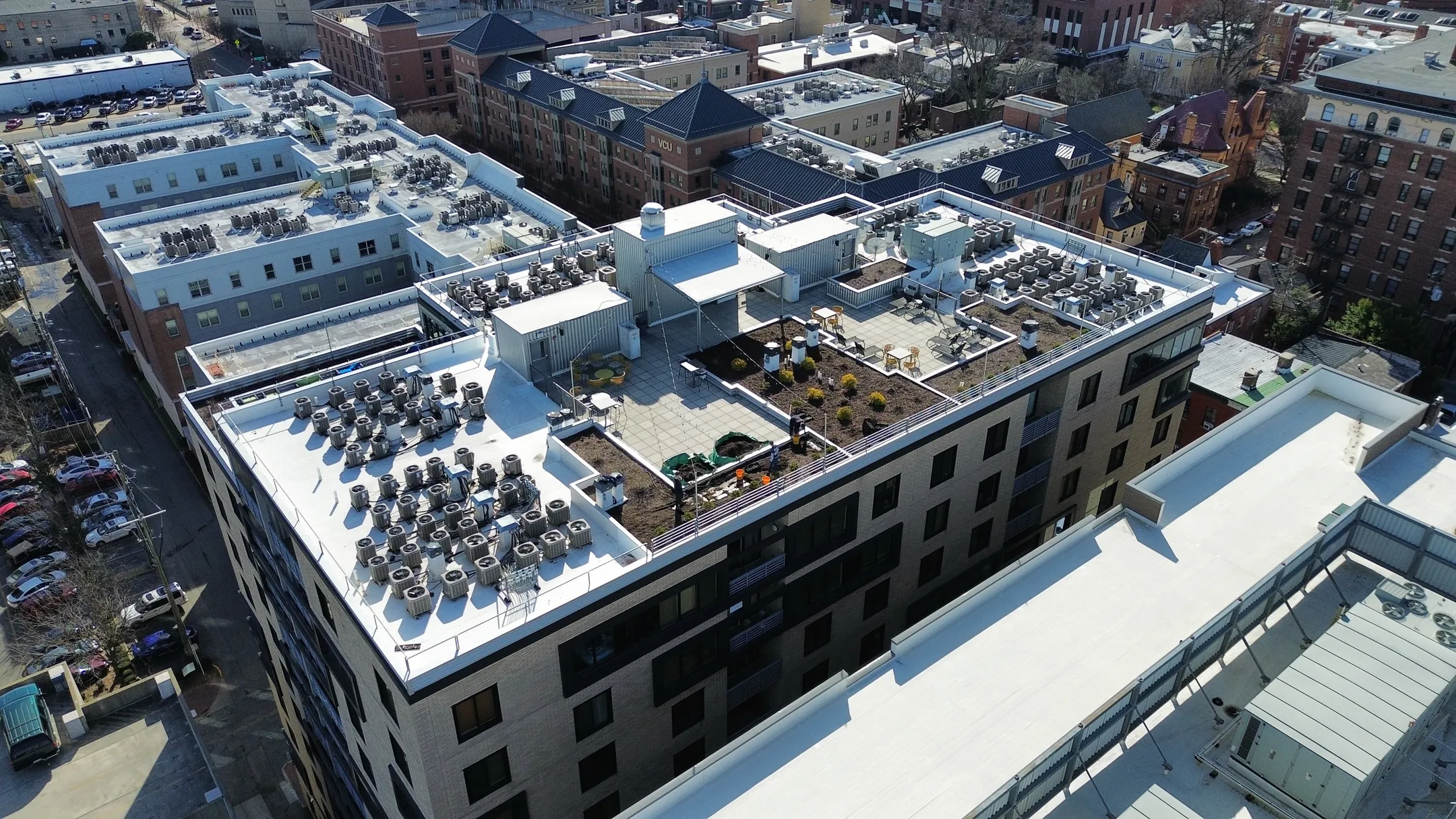 new commercial flat roof with community space and garden