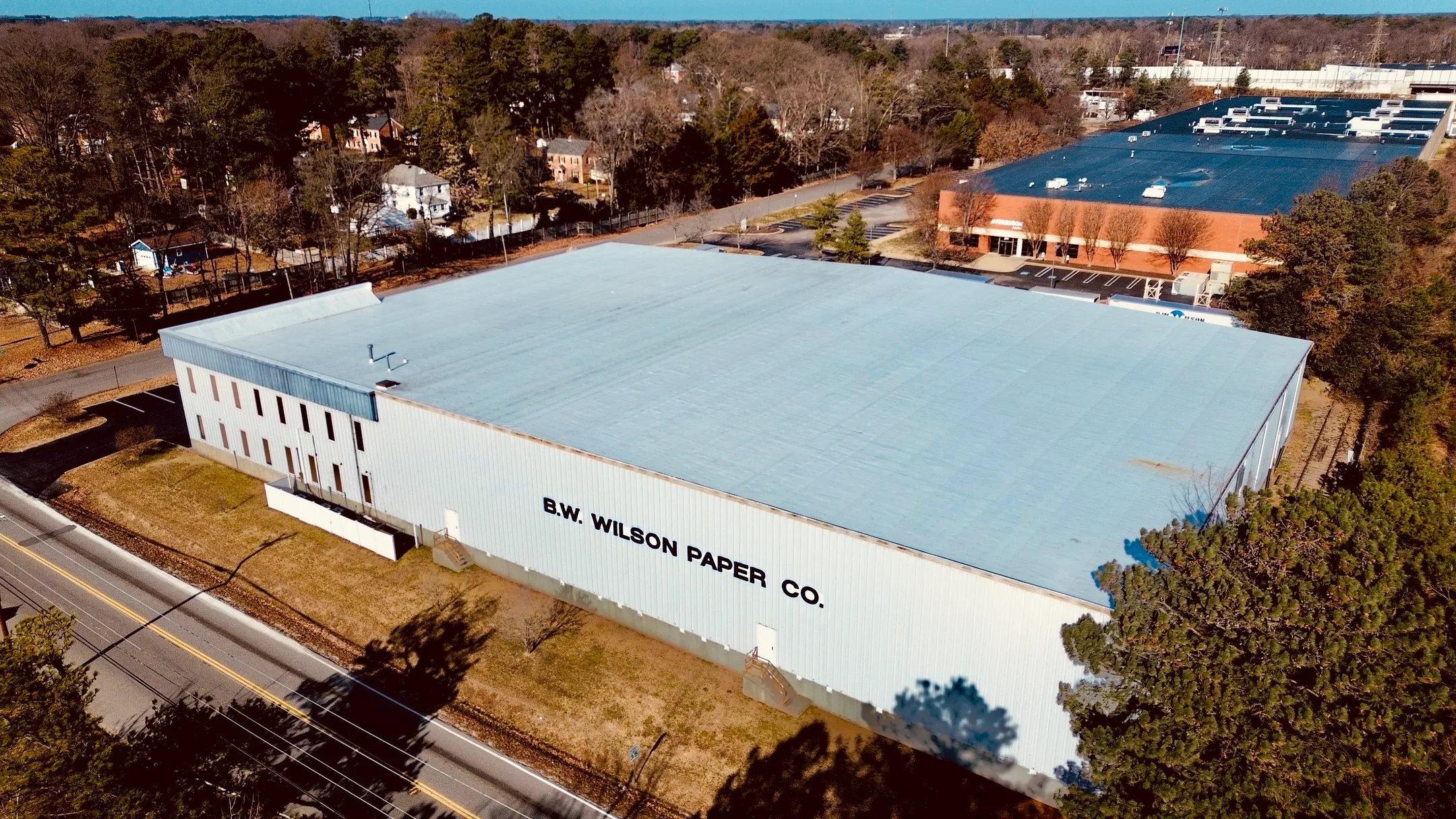 drone shot of new roof on b.s. wilson paper co building